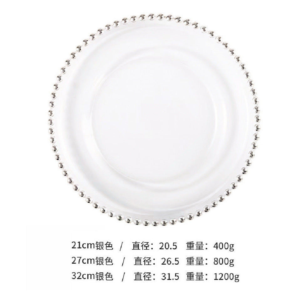 Nordic Gold-Plated Bead Plate Luxury Glass Electroplated Plate Round Pearl Western Steak Plate Silver Large Size Bead Plate