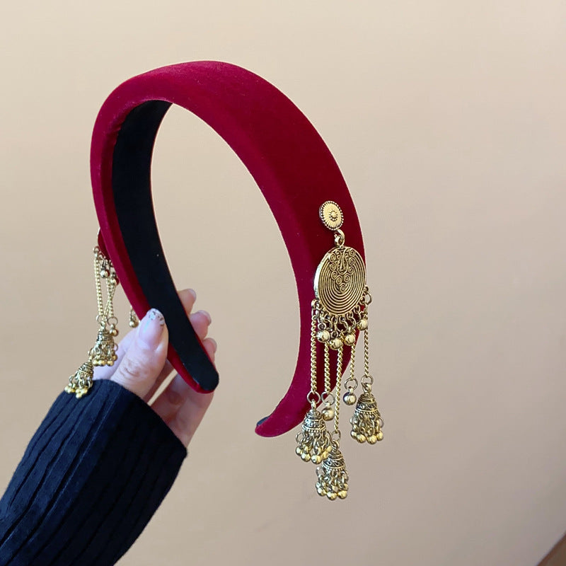 Ethnic Style Velvet Bell Tassel Headband New Chinese Style National Trend High Skull Top Headband Niche High-end Retro Hair Accessory