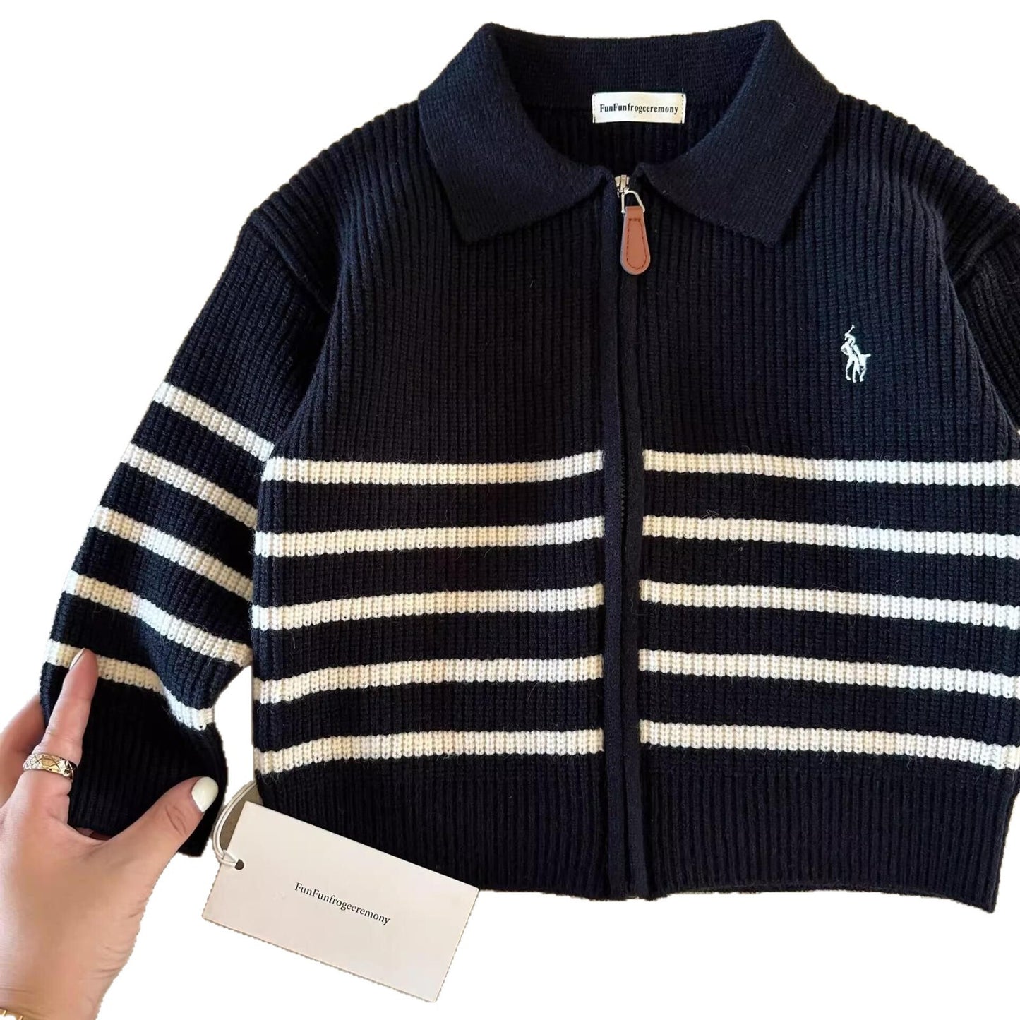 Children's Sweater2025Autumn Style Trendy Brand Boys' Striped Knitted Cardigan Baby Toddler Stylish Zipper Jacket Coat