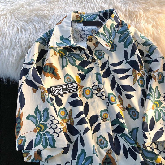 American Style Full Print Design Niche Shirt for Men and Women Summer Hong Kong Style Simple Loose College Style Couple Short Sleeve Trendy
