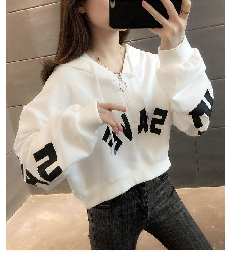 Half Zipper Hooded Short Petites Sweatshirt Women2025New Early Autumn Thin High-Waisted Stylish Streetwear Jacket Trend