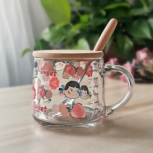 ins Glass Cup with Straw Milk Breakfast Cup Cute Cartoon Graduated Cup with Lid Spoon Gift Customization logo