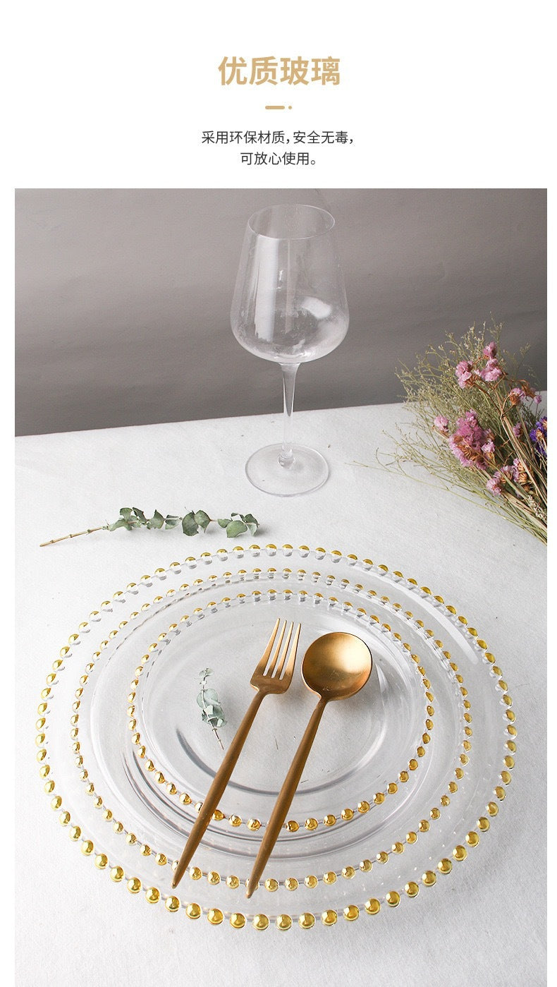 Nordic Gold-Plated Bead Plate Luxury Glass Electroplated Plate Round Pearl Western Steak Plate Silver Large Size Bead Plate