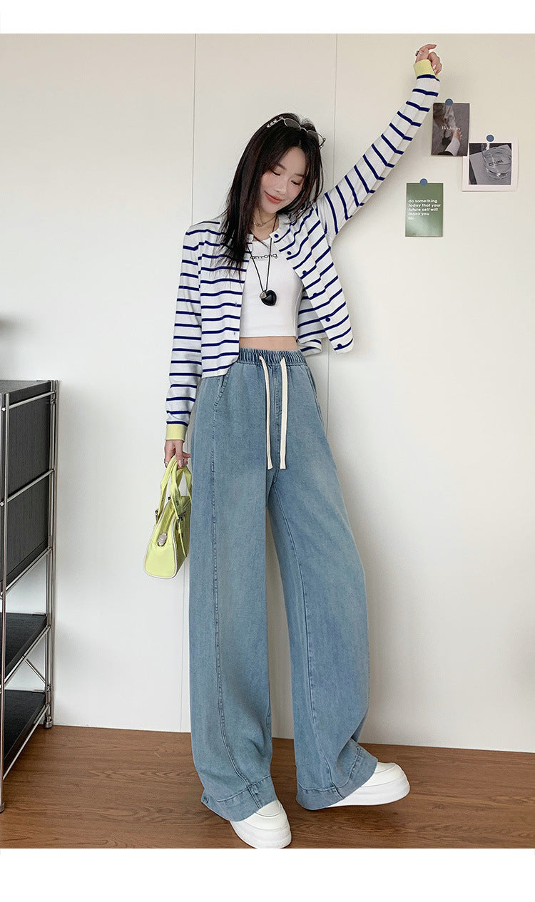 Tencel Jeans for Women Summer Thin Elastic Waist High Waist Draped Large Size Loose Straight Side Seam Front-Moved Wide-Leg Pants