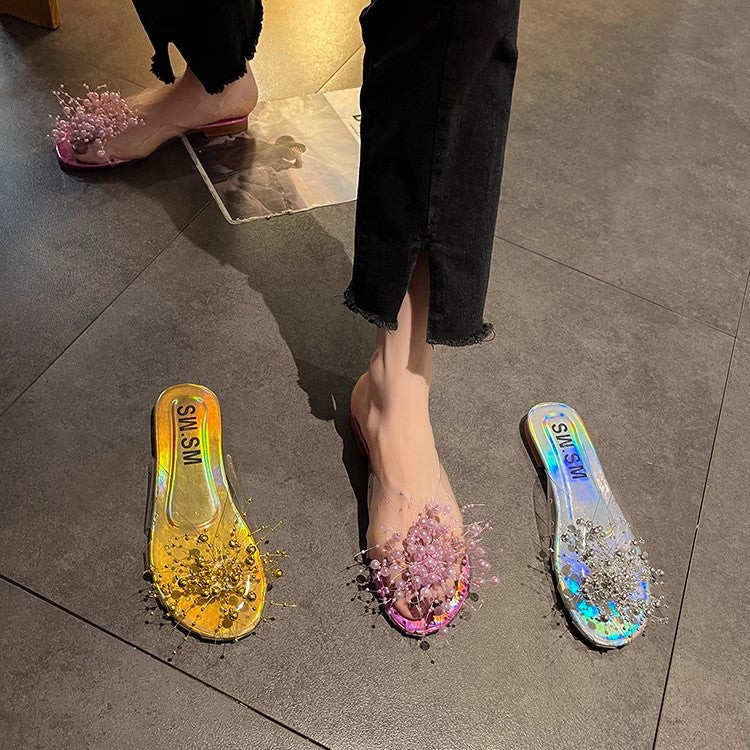 Sparkling Silver Transparent Beaded Closed-Toe Mules for Women2024Summer Internet Celebrity Super Popular Sandals Slippers