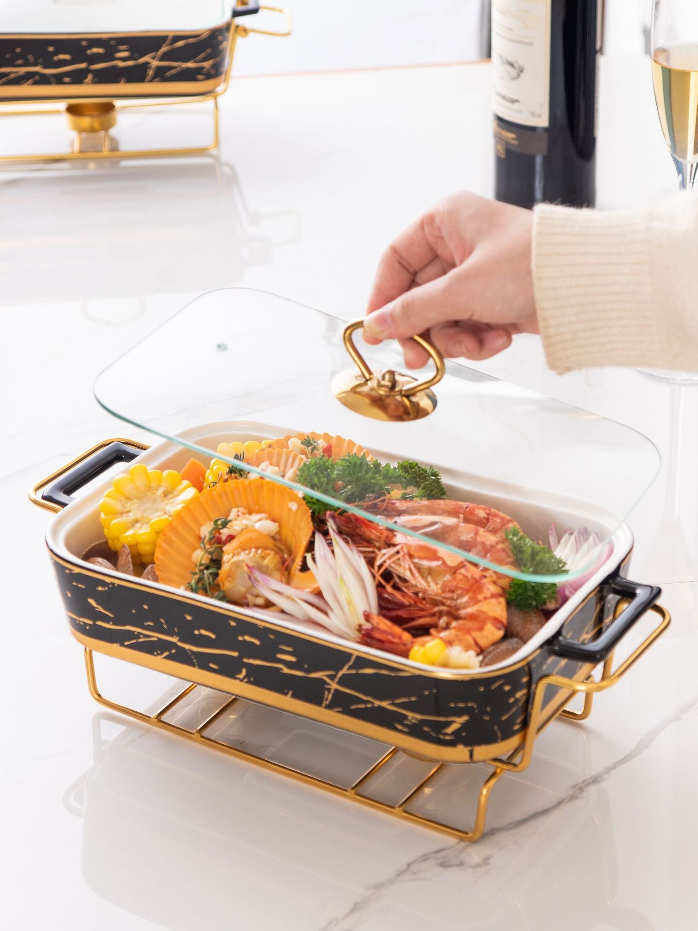 Nordic Rectangular Double Ear Ceramic Pot Baking Pan Luxury Hotel Tableware Candle Heating Creative Household Dry Pot Soup Pot