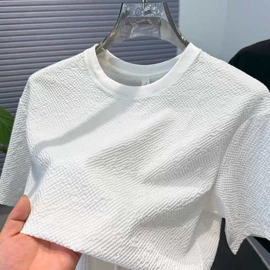 Summer New Bubble Gauze Texture High-end T Loose Round Neck Men's Short Sleeve T-Shirt T Solid Color Short Sleeve Versatile Top