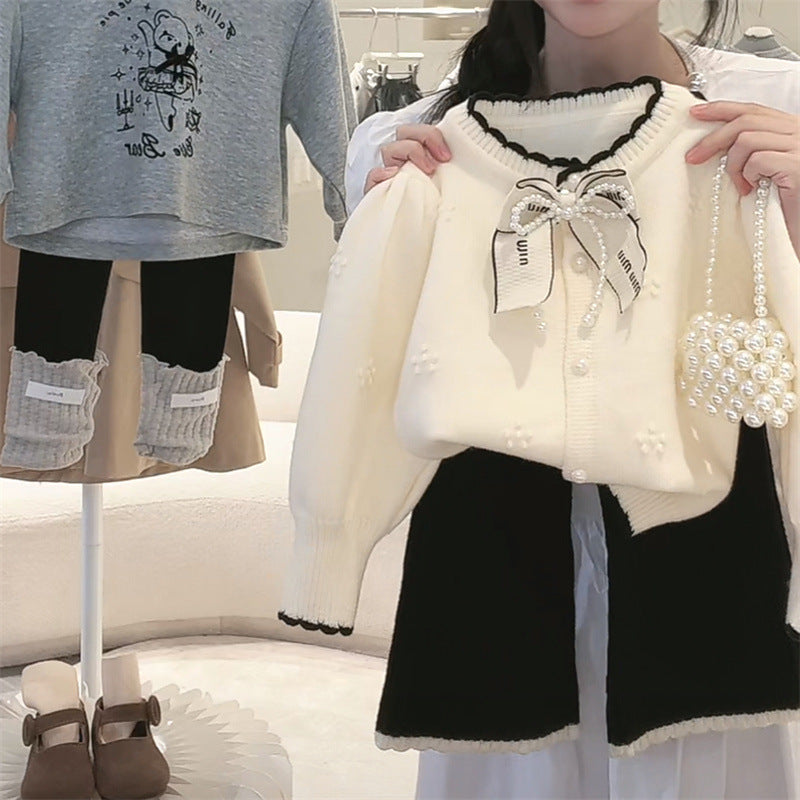 Sweet Little Girl Autumn Outfit Set25Spring and Autumn Korean Style Girl Little Chanel Style Sweater Jacket Baby Girl Flared Pants