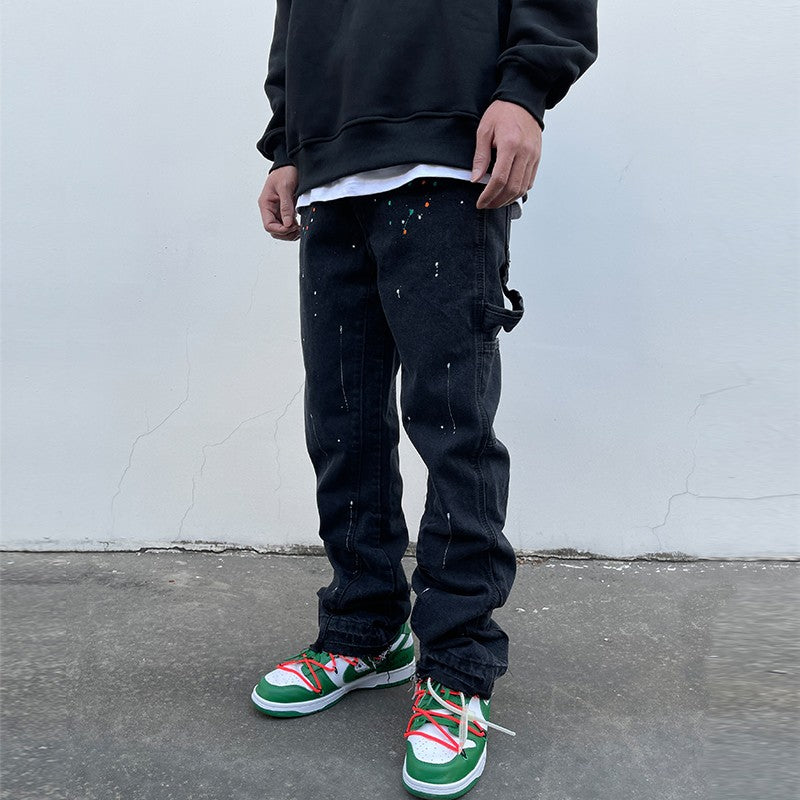 2023New Graffiti Ink Splash Damage Dept Casual Retro Niche vibo High Street Men's and Women's Flared Jeans