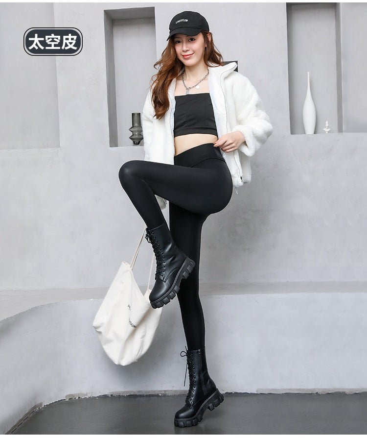 PU Women's Leather Pants Autumn Winter Long Pants Base Pants Fleece Lined Thickened High Waist Slimming Windproof Waterproof Outdoor Wear Wholesale