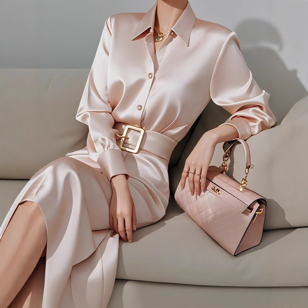 2025Spring French Style for Important Occasions Elegant and High-End Champagne Color Shirt Dress