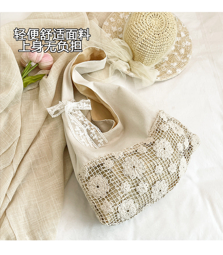 Design Summer Vacation Style Large Capacity Beach Bag Niche Lace Canvas Underarm Bag Women's Floral Single Shoulder Tote Bag