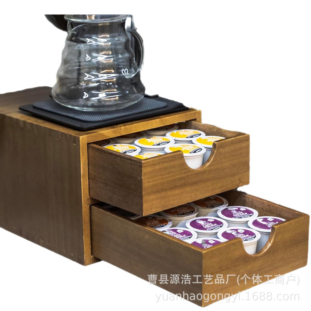 桌面双层收纳盒木质抽屉式咖啡胶囊储物盒茶水间茶包整理盒跨境
