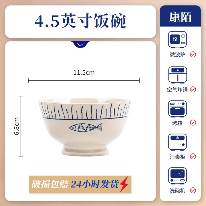 KANGMO Japanese Style Ceramic Tableware Set - Vintage Underglaze Rice Bowls & Plates