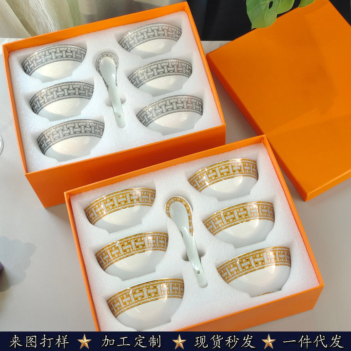 欧式家用陶瓷碗汤碗套装礼盒装高脚米饭碗勺子精致奢华礼物厂批发
