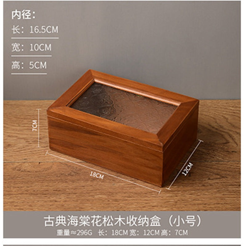木质首饰盒复古杂物储物箱家用桐木防尘翻盖海棠花玻璃桌面收纳盒