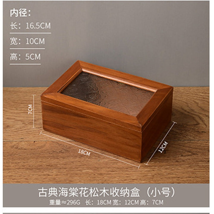 木质首饰盒复古杂物储物箱家用桐木防尘翻盖海棠花玻璃桌面收纳盒
