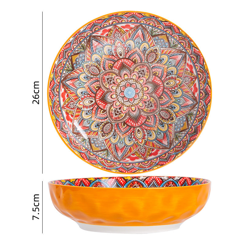 跨境波西米亚陶瓷餐具创意家用釉下彩饭碗汤碗手柄盘烤盘餐具套装