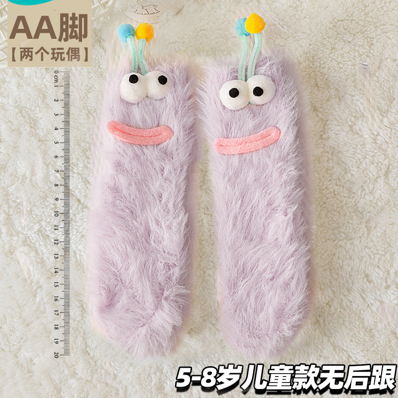 丑萌搞怪袜子女中筒袜秋冬地板睡眠袜珊瑚绒家居毛毛茸茸可爱保暖