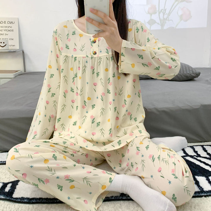依妮衫人棉绸长袖睡衣女爆款女士家居服夏季长袖人棉套装一件代发