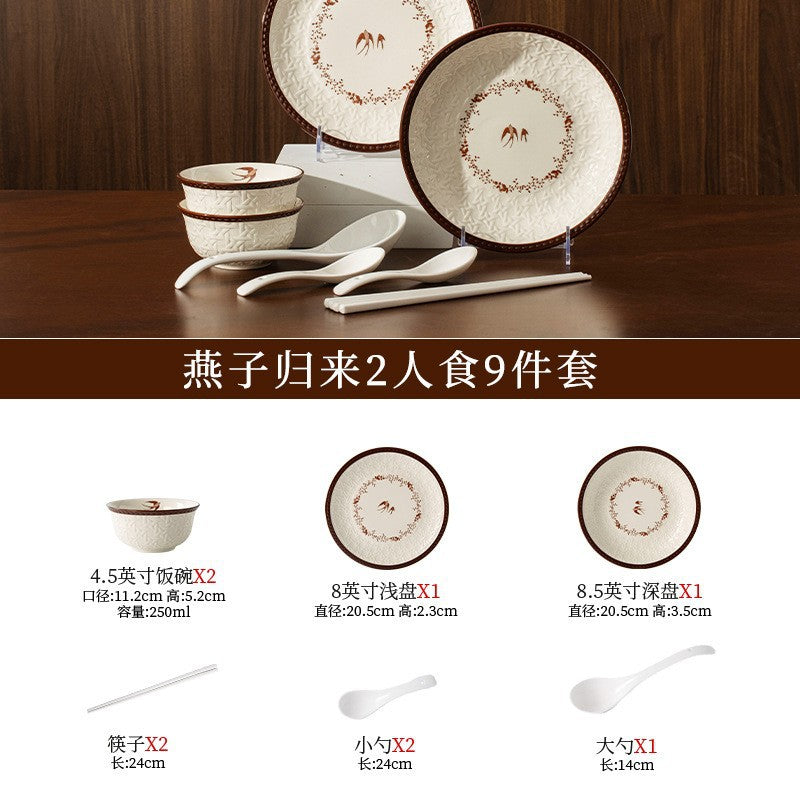 Bowl & Plate Tableware Set Embossed Plate Underglaze Ceramic Bowl Plate Home Bowl & Plate Small Bowl