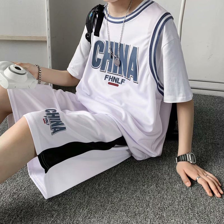 情侣运动套装日系男韩版港风t恤夏季短袖短裤一套搭配帅气篮球衣