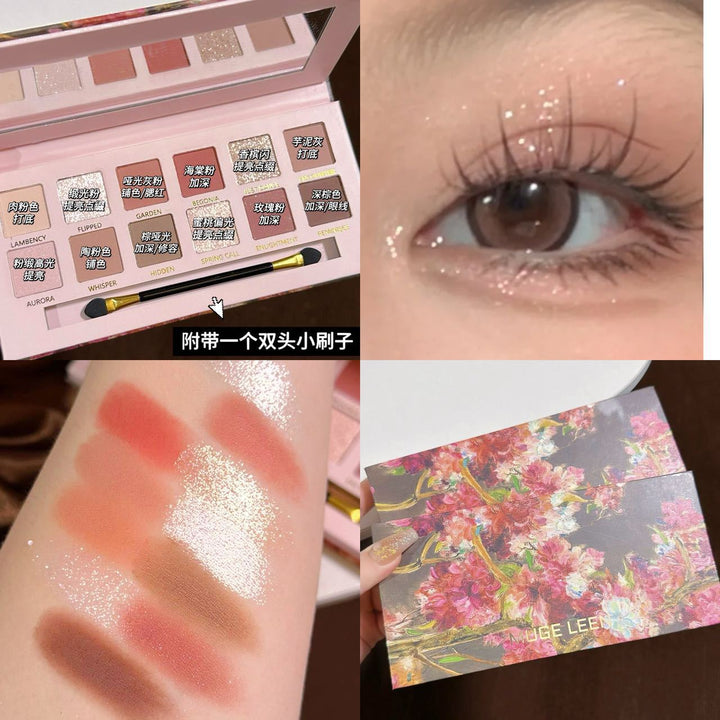 MUGE LEEN新款12色海棠花油画风粉棕眼影盘珠光哑光低饱和大地色