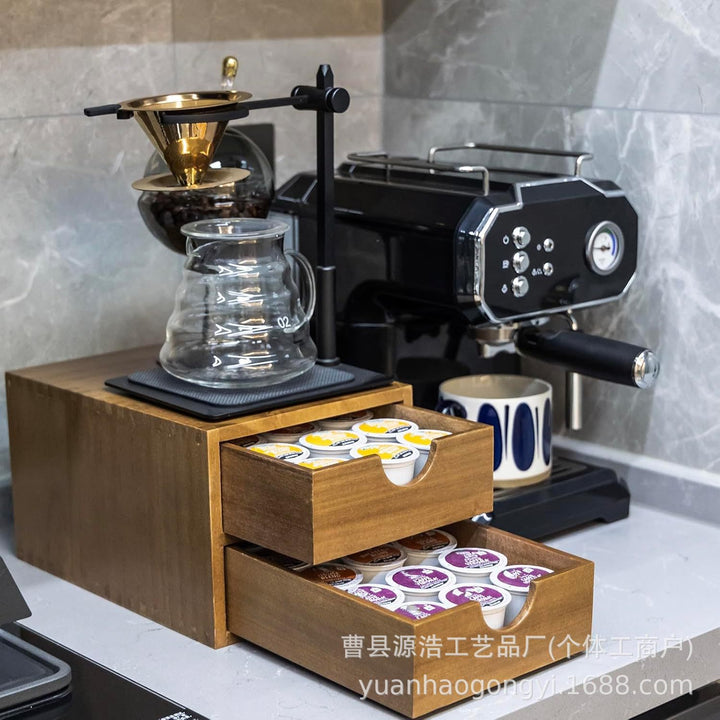 桌面双层收纳盒木质抽屉式咖啡胶囊储物盒茶水间茶包整理盒跨境