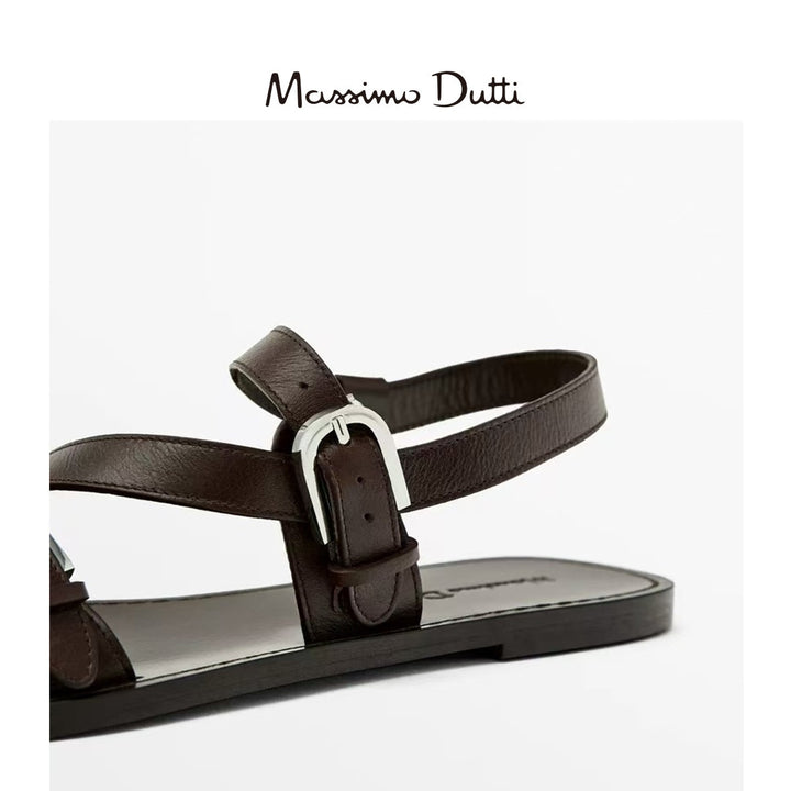 Massimo Dutti2026春夏新品女鞋真皮棕色金属扣饰交叉带平底凉鞋