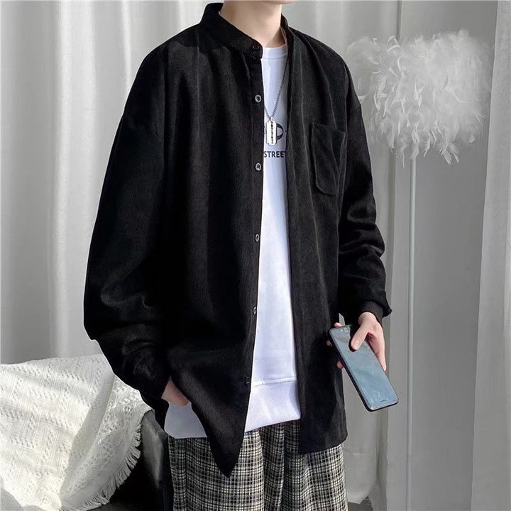 男士灯芯绒衬衫2022年新款港风潮流宽松日系复古黑色休闲衬衣外套