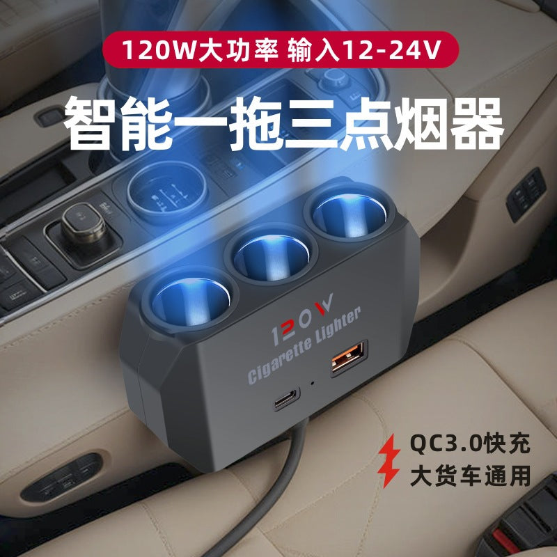 Type-C Car Charger 3-in-1 Fast Charging – Cigarette Lighter Adapter with USB Expansion PD+