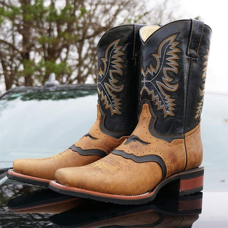 米莱尔跨境外贸新款罗马靴男方头皮革拼接绑带欧美棕色马丁靴男鞋