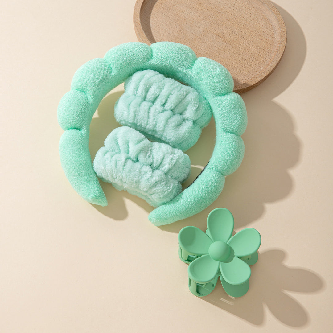 跨境鸡蛋花泡泡布法兰绒海绵洗脸防水发箍发夹套装云朵头箍发饰