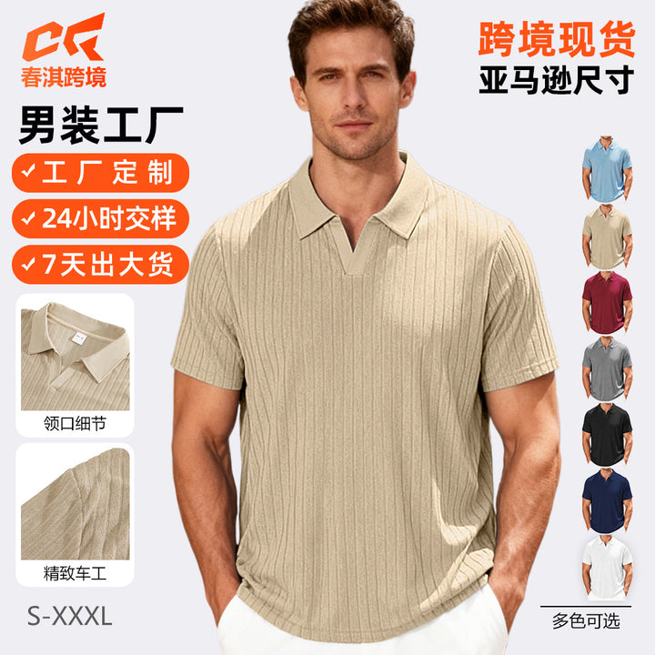 欧美跨境男装夏季TK新款休闲透气毛巾提花布翻领男式条纹短袖衬衫