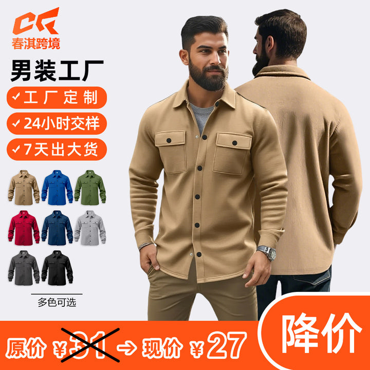 秋冬季欧美跨境亚马逊休闲男加绒翻领上衣单排扣纯色修身夹克外套