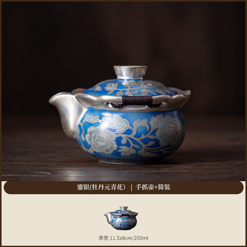 999鎏银 元青花手抓壶功夫茶具高档一壶两杯送长辈父亲老师伴手礼