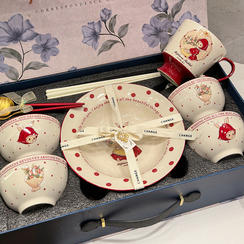 KANGMO Vintage Style Ceramic Dining Set - Red Bowls Plates & Chopsticks Housewarming