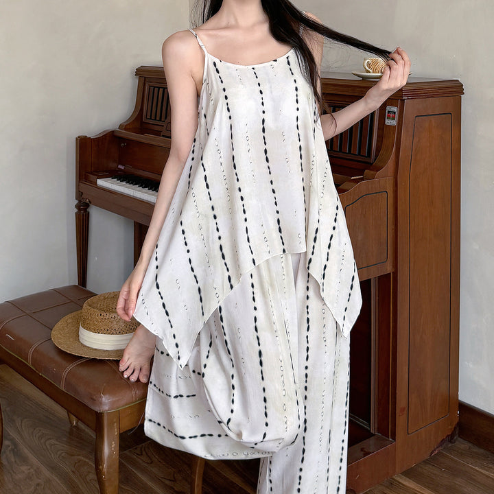 夏季女士棉绸吊带睡衣套装无袖印花防凸点家居服带胸垫绵绸两件套
