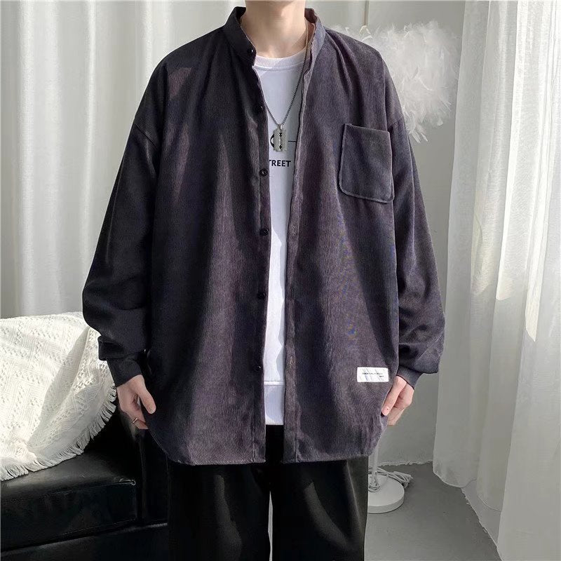 男士灯芯绒衬衫2022年新款港风潮流宽松日系复古黑色休闲衬衣外套