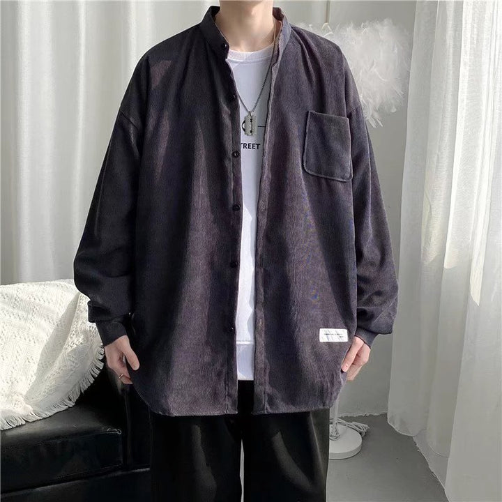 男士灯芯绒衬衫2022年新款港风潮流宽松日系复古黑色休闲衬衣外套