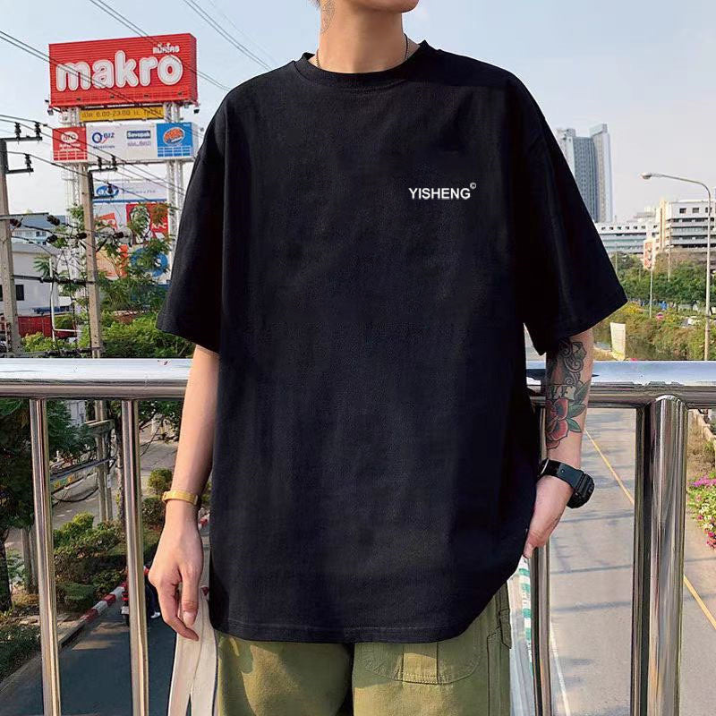 纯棉短袖高级感T恤男港风潮牌大码圆领体恤青少年五分袖厂家直销
