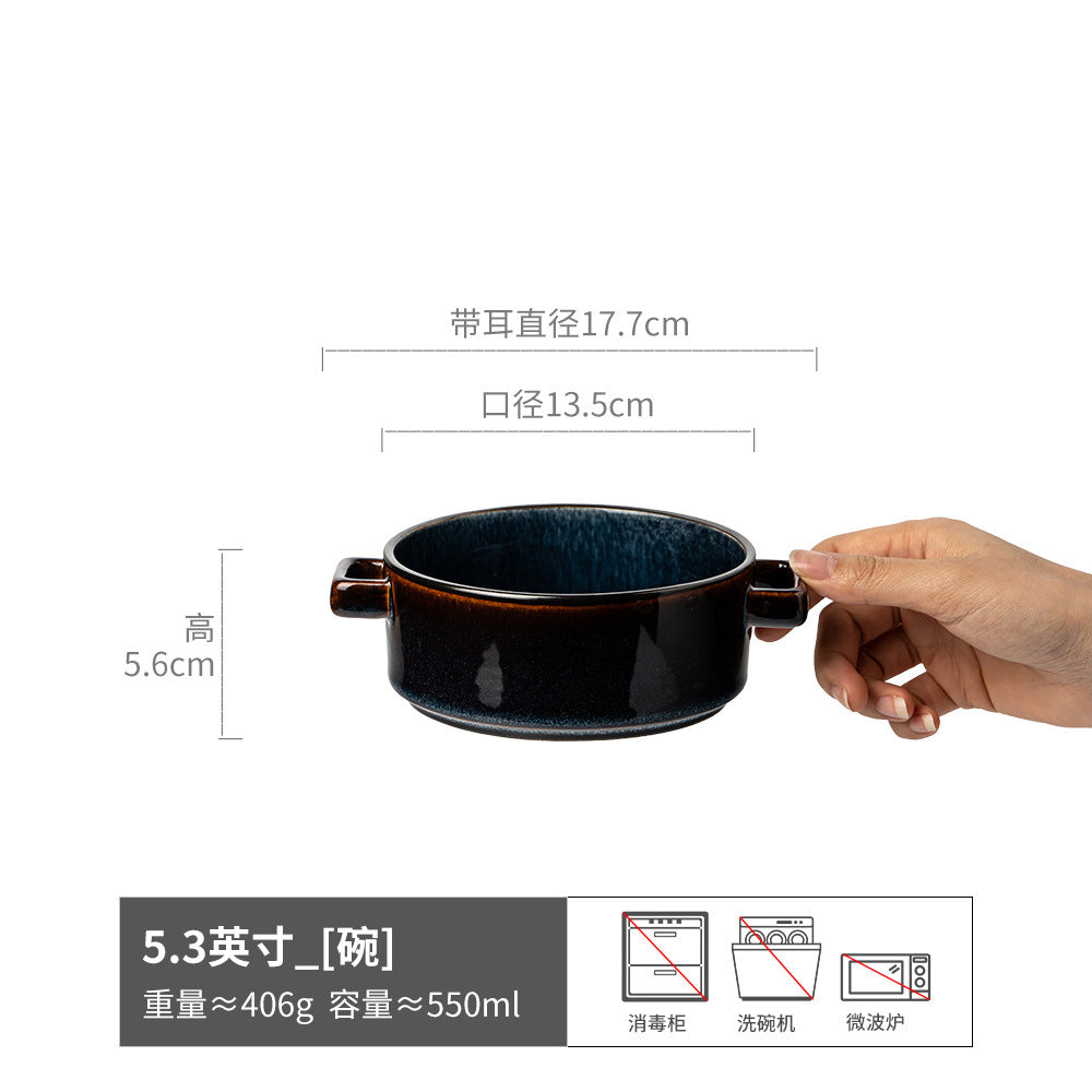 复古双耳陶瓷碗面碗酸奶碗双耳碗圆形菜碗汤碗日式碗餐具批发窑变