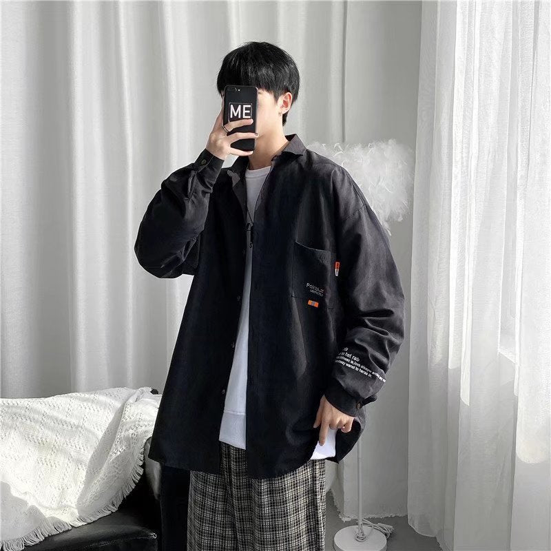 2023秋季新款韩版潮流长袖衬衫男ins简约纯色衬衣宽松灯芯绒外套