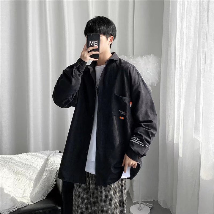 2023秋季新款韩版潮流长袖衬衫男ins简约纯色衬衣宽松灯芯绒外套