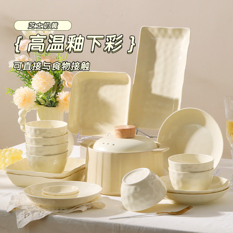 釉下彩碗碟套装家用高颜值碗盘碗具高级感奶油风餐具套装乔迁礼品
