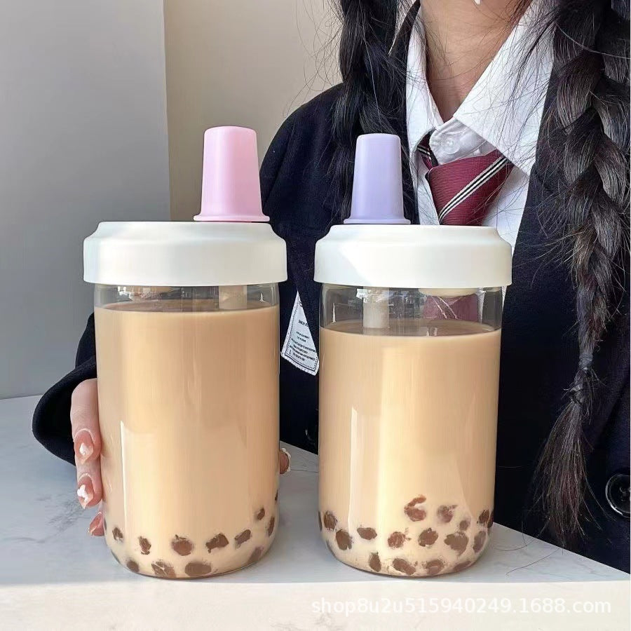 大容量珍珠奶茶吸管玻璃杯 高颜值简约学生珍珠奶嘴杯子