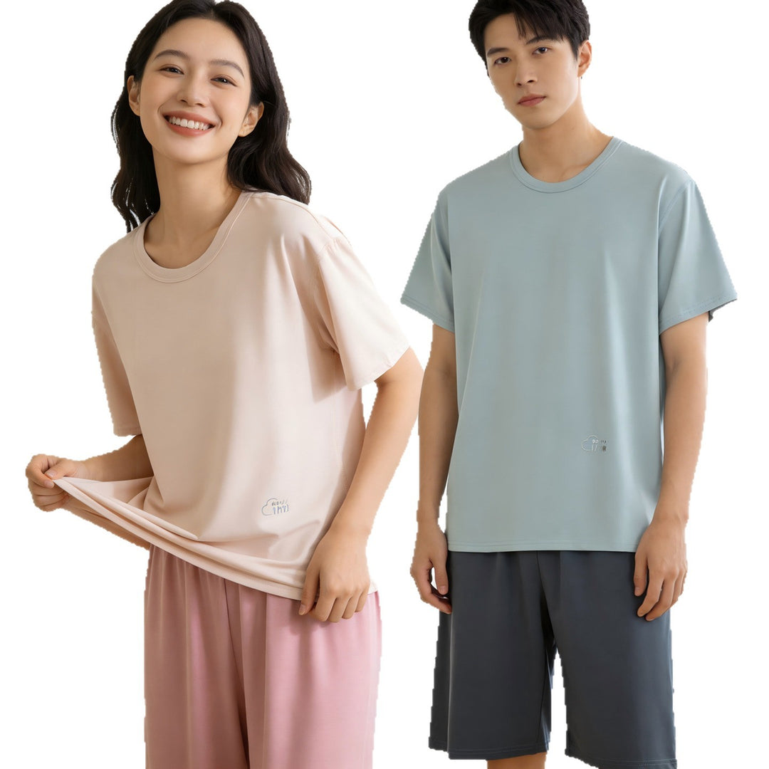 莱赛尔情侣睡衣冰丝男士夏季薄款短袖宽松青少年家居服套装女夏装