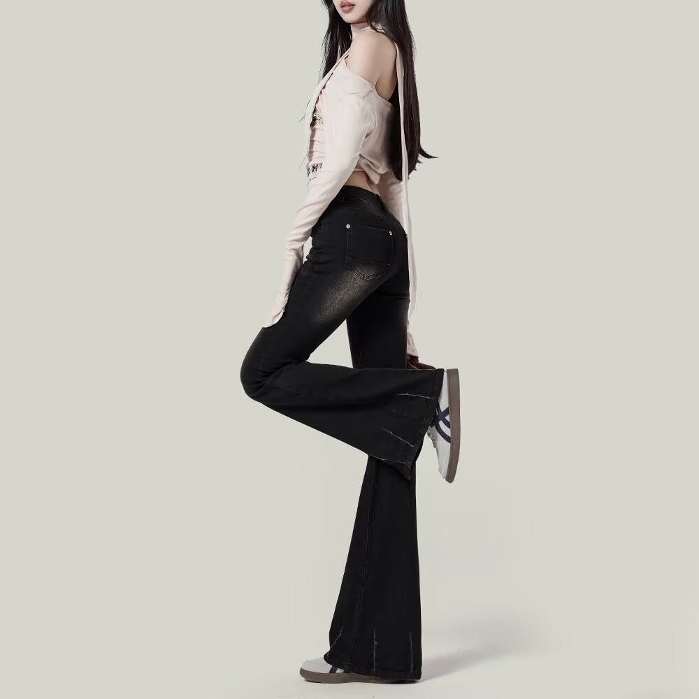 喇叭裤子黑色大码夏季新款毛边胖马蹄微喇牛仔裤女高腰显瘦