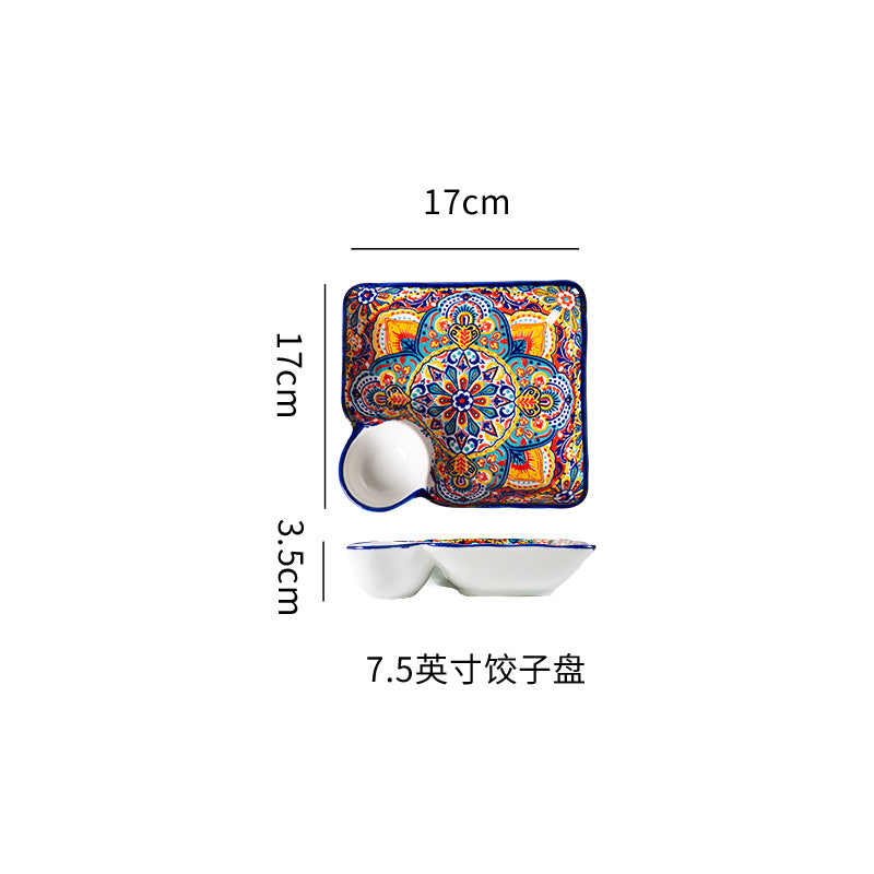 波西米亚陶瓷碗碟套装釉下彩饭碗家用复古双耳汤面碗高级感菜盘子