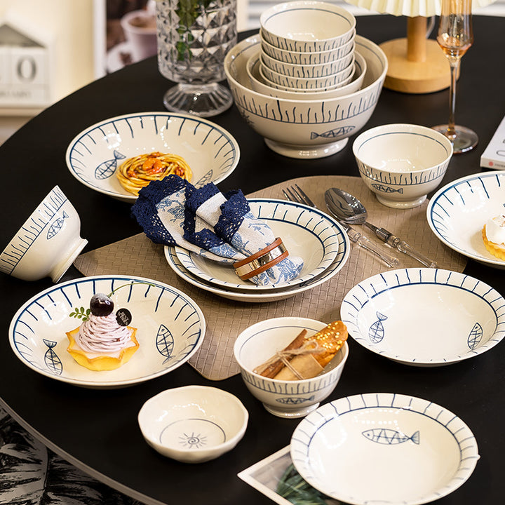 KANGMO Japanese Style Ceramic Tableware Set - Vintage Underglaze Rice Bowls & Plates